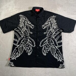 JNCO Jeans Shirt Mens Large Black Double Dragon Button Up Short Sleeve‎ Yin Yang